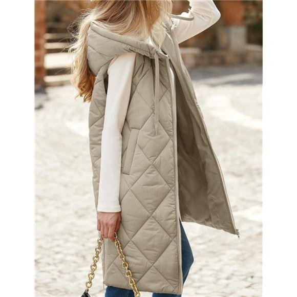 Women's Sleeveless Quilted Long Puffer Vest Hooded Full Zip Jacket Coat - Picture 3 of 7